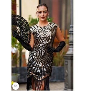 Flapper Boutique Gold Black Sequin Fringe Gatsby Dress Large 1920s Art Deco